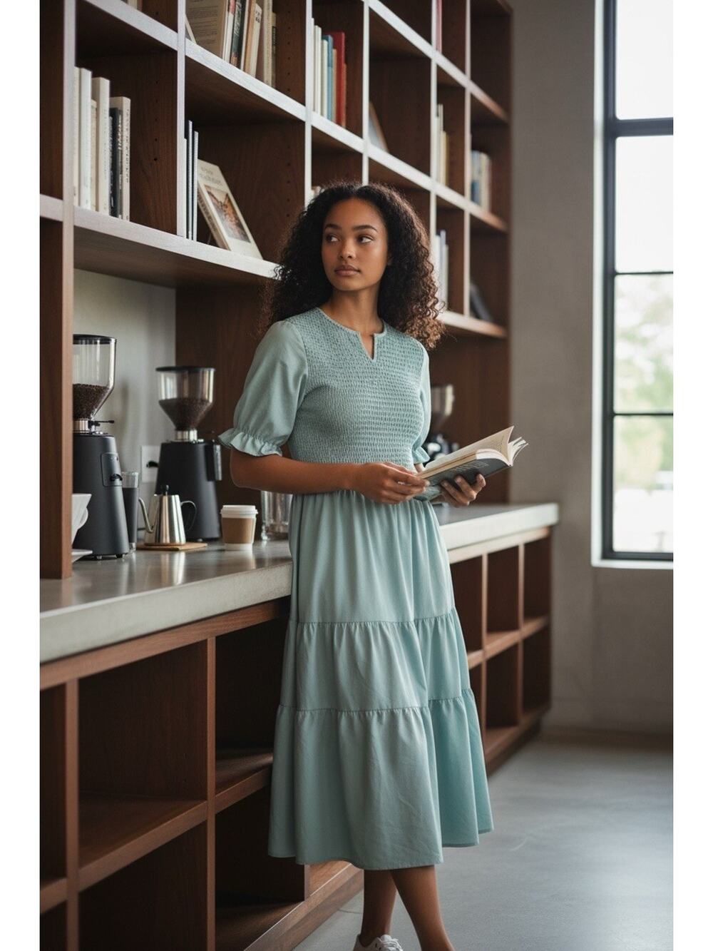 Women’s Medium Sage Green Smocked Midi Dress Short Sleeve Tiered Casual Boho